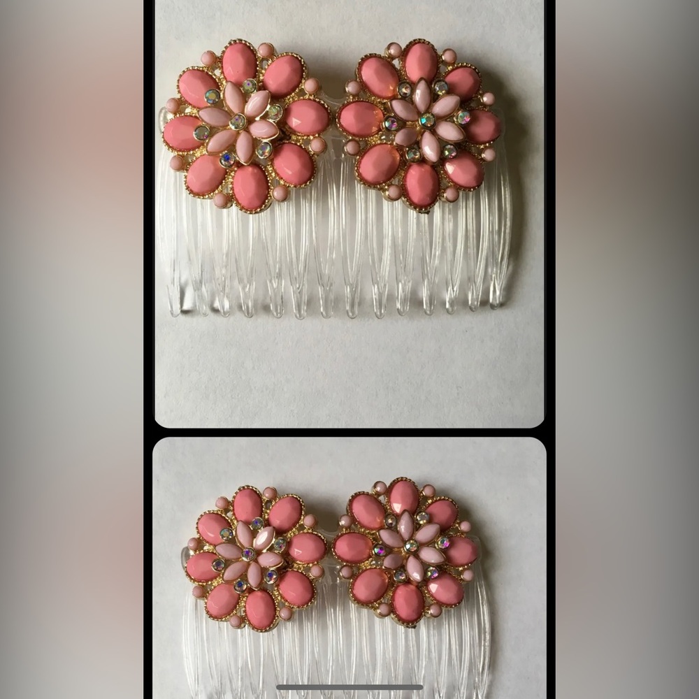 Handmade PINK & IRIDESCENT CLEAR Stones FLOWER Shaped, JEWELED CLEAR HAIR COMB
